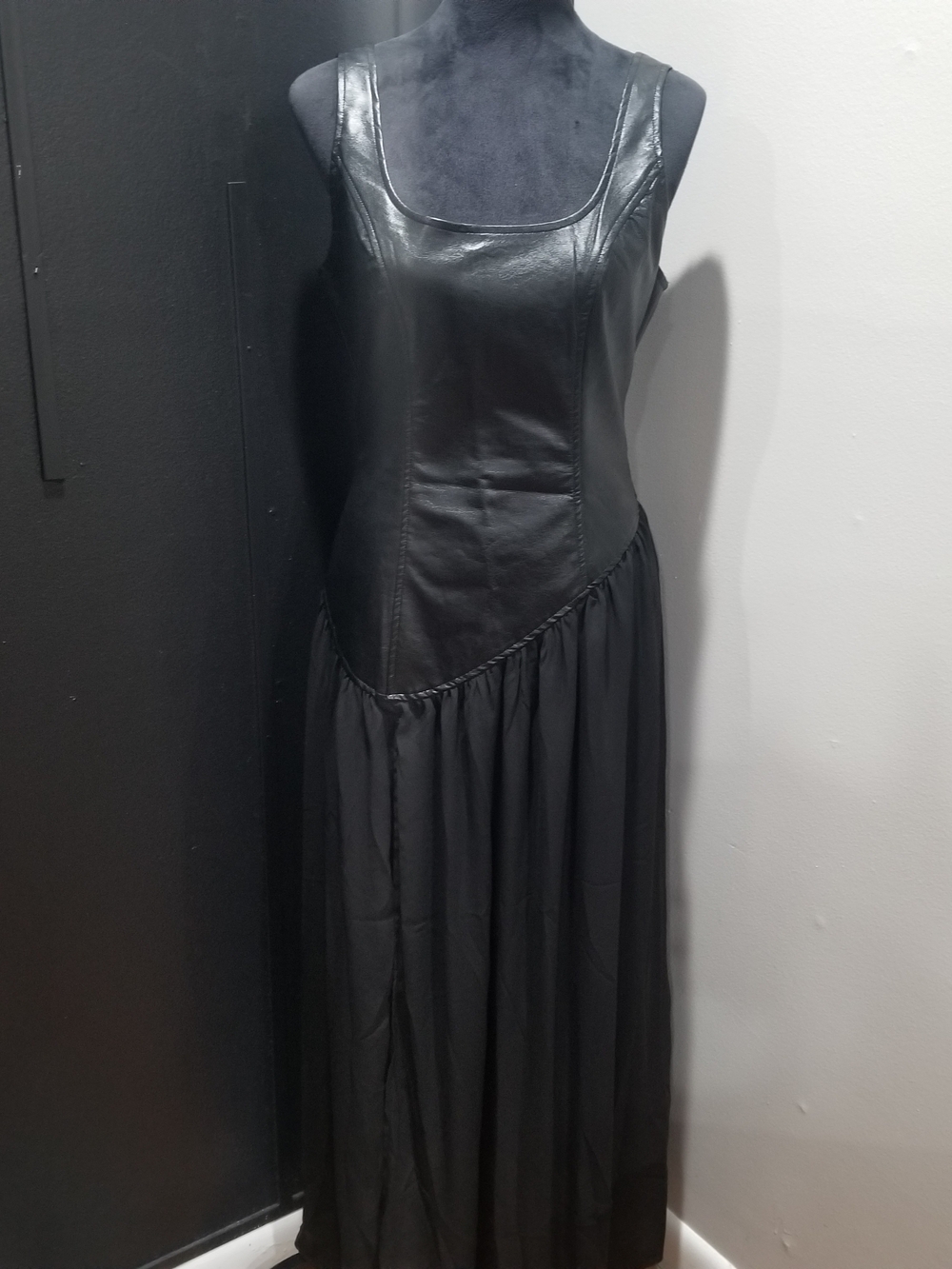 Women's Black Faux Leather & Fabric Maxi Dress